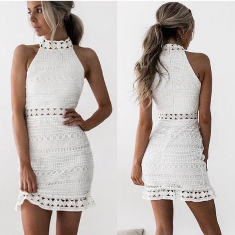 Boutique White Halter Crochet Lace Mini Dress